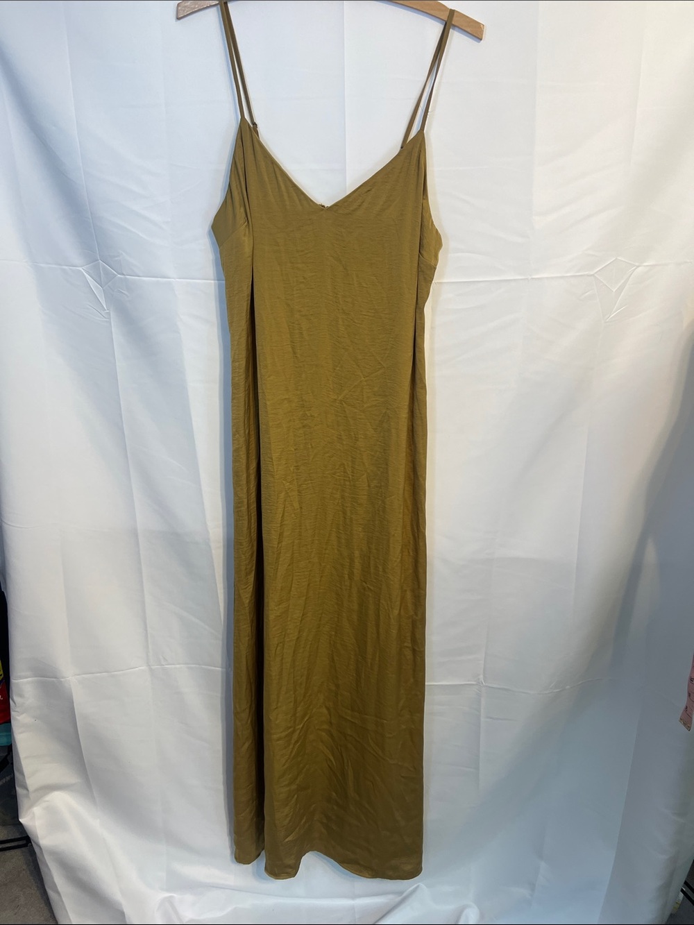 Spaghetti-Strap Maxi Slip Dress in Olive